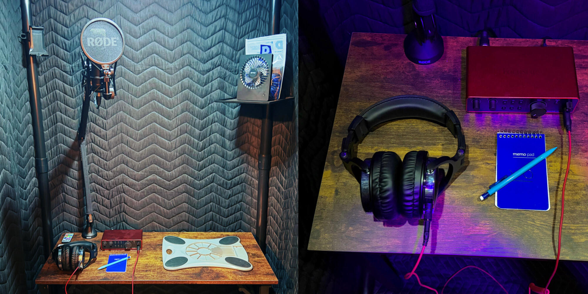 Character voice actor Connor Sparks's home studio setup featuring a RØDE NT1 5th Gen mic with a Focusrite Scarlett 2i2 4th Gen audio interface. Includes closed-back monitoring headphones and a dedicated workspace optimized for broadcast-quality recording.